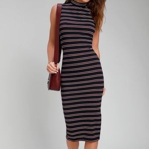 Navy Blue Stripped Mock Neck Midi Dress